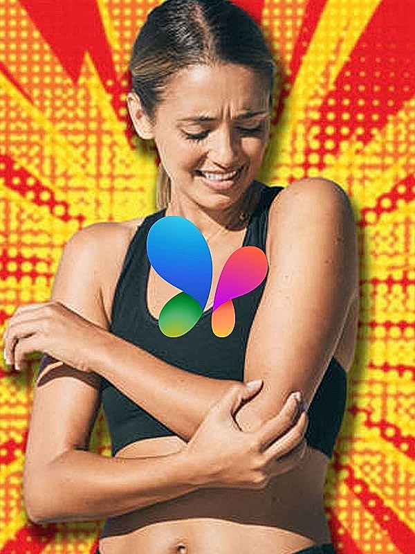 Woman holding her arm, colorful background design.